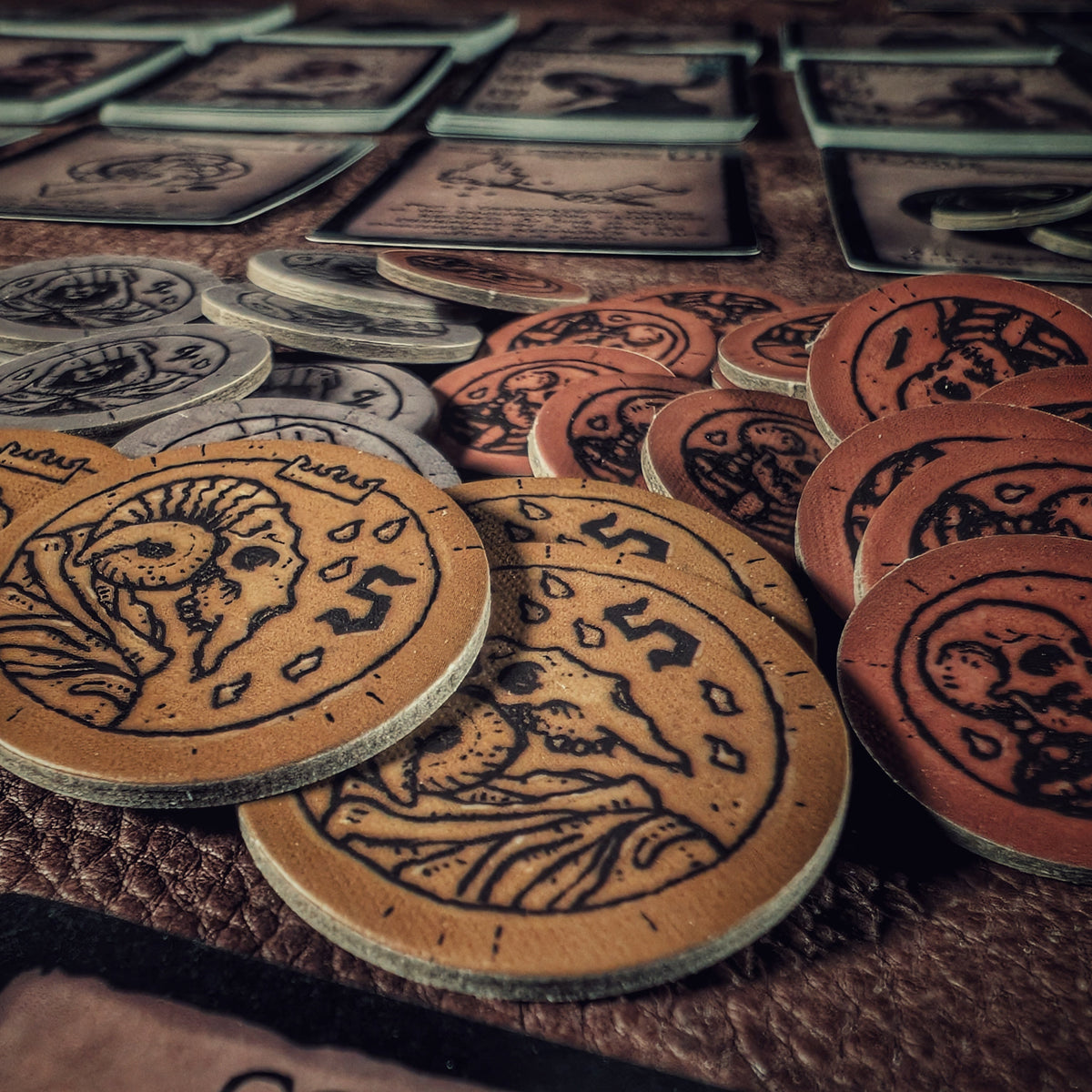 Favor Tokens for Eschaton: Iconoclasm. Cooperative expansion for the cult strategy deck-building board game.