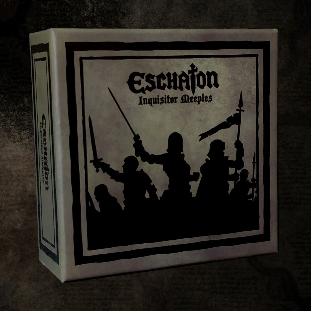 Board game box titled 'Eschaton: Inquisitor Meeples' with silhouettes of characters on a dark background